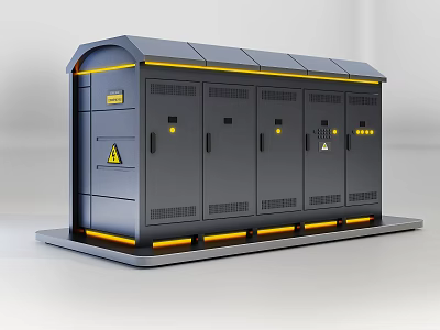 Public Electrical Control Facility with Gray Enclosure Multiple Doors Yellow Warnings and Bottom Strip 3d model