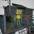 Cartoon Stilt House Scene With Green Exterior Wooden Stilts And Yellow Character Standing On Balcony