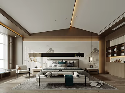 Modern Chinese Bedroom Interior Design With Platform Bed Accent Wall Landscape Painting And Wooden Flooring 3d model