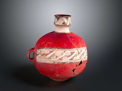 Sculpture Carving of Red Pottery Jar With White Decorative Patterns Handle And Cracks 3d model