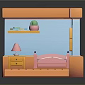 Colorful 3D Cartoon Bedroom Scene With Pink Bed Nightstand Lamp Window Shelf Potted Plant