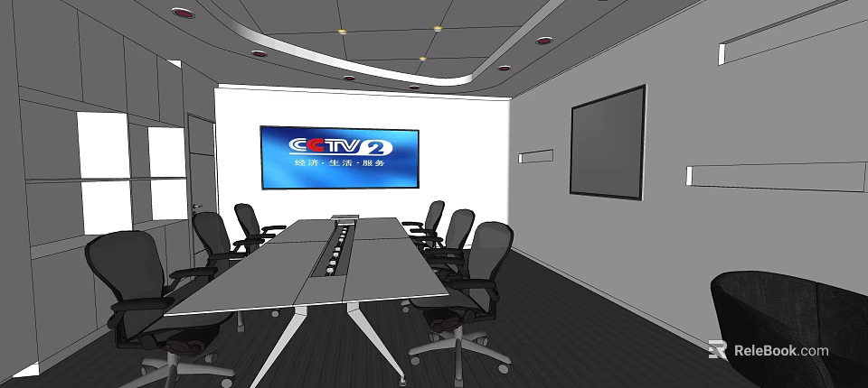 Modern Meeting Room Interior With Long Table Black Office Chairs And CCTV2 Screen 3d model 