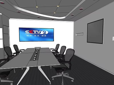 Modern Meeting Room Interior With Long Table Black Office Chairs And CCTV2 Screen 3d model