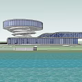 Modern Architectural Building With Glass Facade Curved Rectangular Design Front Plaza Green Space Road