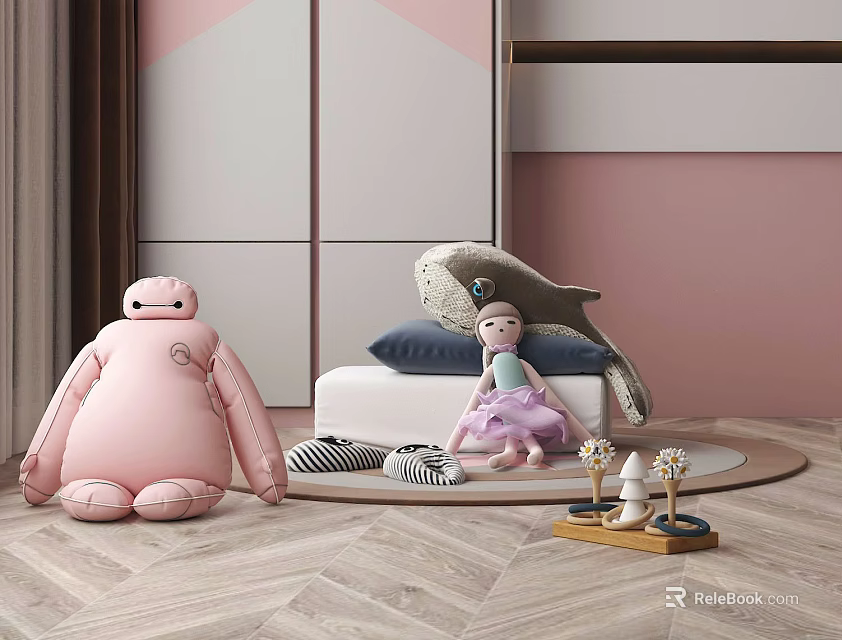 Kids Room Decorative Ornament Combination With Pink Baymax Plush Girl Doll And Lighthouse Ornaments 3d model 