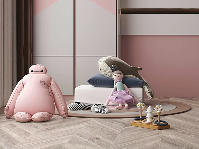 Kids Room Decorative Ornament Combination With Pink Baymax Plush Girl Doll And Lighthouse Ornaments 3d model