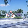 Park Landscape With Decorative Light Tree Structure Green Trees And People Walking
