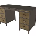 Modern Office Desk Featuring Black Tabletop Metal Frame and Wooden Drawers with Golden Handles