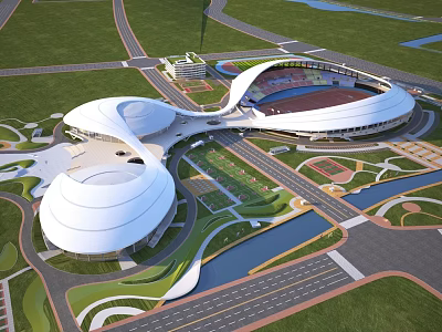 Modern Stadium Complex With White Curved Roofs Green Spaces And Water Features 3d model