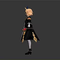 3D Anime Character Model With Blonde Hair Blue Bow Black Long Coat And Boots