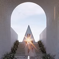 Bride And Groom At Modern Wedding Venue With Orange White Walls Central Fountain Garden Flowers