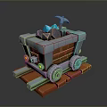 3D Render of Mine Cart on Rail Tracks with Colorful Ores and Hammer Model Design