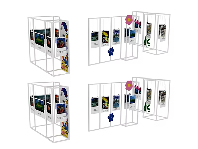 Art Installation Display With White Frame Hanging Pictures And Flower Decorations 3d model