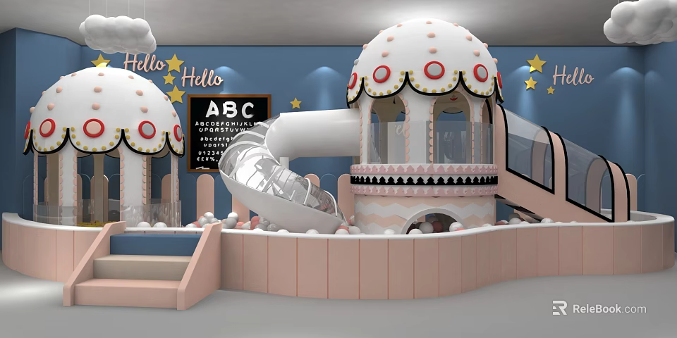 Colorful Kids Playground With Dome Shaped Structures Silver Slide ABC Blackboard And Star Decorations 3d model 