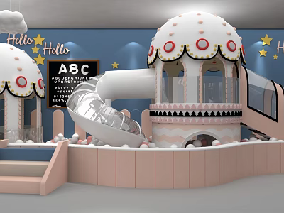 Colorful Kids Playground With Dome Shaped Structures Silver Slide ABC Blackboard And Star Decorations 3d model