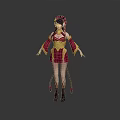 3D Female Character Model In Red And Gold Costume With Elaborate Headdress And Twin Ponytails