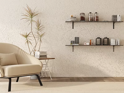 Beige Armchair with Side Table Books and Plant near Textured Wall Shelves on Wooden Floor 3d model