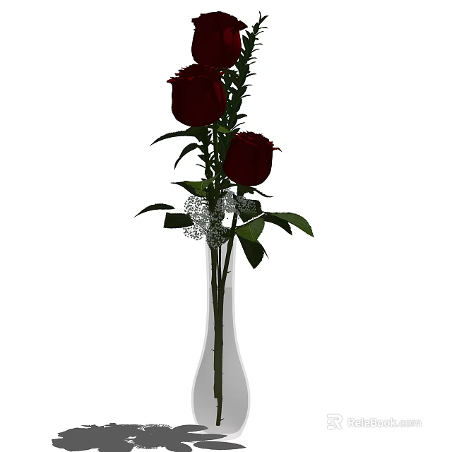 Elegant Dark Red Roses in Transparent Glass Vase with Green Leaves and Silver Glitter Accents 3d model 