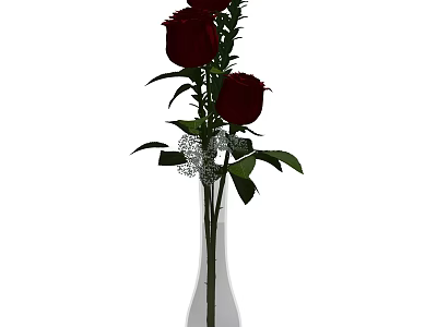 Elegant Dark Red Roses in Transparent Glass Vase with Green Leaves and Silver Glitter Accents 3d model