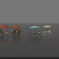 Stylish Outdoor Table with Red Green Yellow Umbrellas and Chairs for People Gathering
