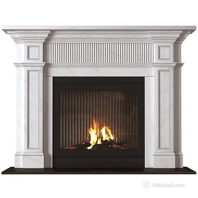 Elegant White Marble Fireplace Interior With Carved Design And Burning Flames 3d model