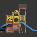Colorful Kids Playground Structure With Blue Slides Wooden Tower And Yellow Climbing Frame