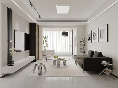 Modern Living Room Interior Design With Black Sofa Coffee Table Area Rug And Wall Art 3d model