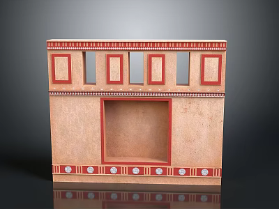 Scenic Landscape With Beige Structure Adorned in Red Featuring Rectangular Openings and Circular Base Decorations 3d model