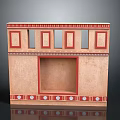 Scenic Landscape With Beige Structure Adorned in Red Featuring Rectangular Openings and Circular Base Decorations