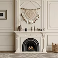 White Fireplace With Carved Mantel Woven Hanging Decorative Candlesticks And Wood Basket In Beige Interior