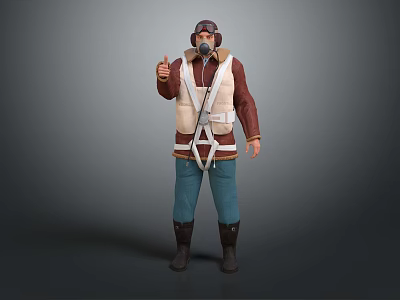 Game Movie Character With Aviator Hat Beard Brown Sleeved Jacket Beige Vest Blue Pants Thumbs Up 3d model