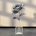 Floral Art Installation Red Rose on Red Grid Stand with Light Shadow on Beige Wall