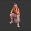 Woman In Yellow Top Sitting On Round Stool With White Pants And Reflective Floor