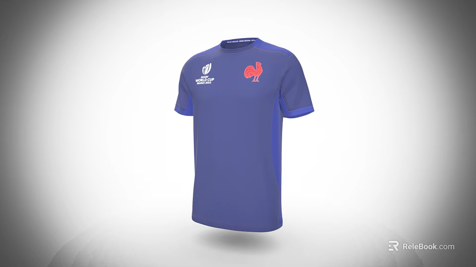 Blue Short Sleeved T-shirt With Red Chicken Design And White Logo 3d model 