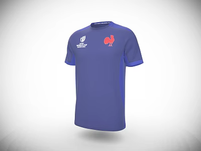 Blue Short Sleeved T-shirt With Red Chicken Design And White Logo 3d model