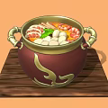 Traditional Hot Pot with Meat Shrimp Meatballs and Vegetables on Wooden Tray