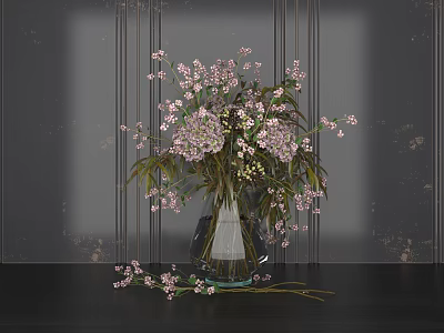 Purple Flowers In Glass Vase With Scattered Petals On Black Table Dark Wall 3d model