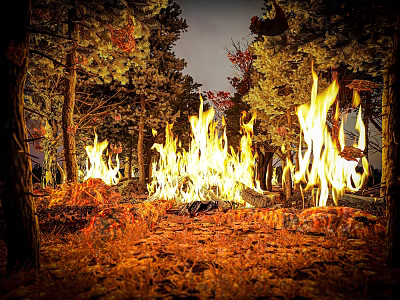 Forest Landscape With Burning Flames Among Trees And Fallen Leaves On Ground 3d model