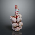 Fresh Garlic Bulbs Tied With Red String And Wooden Stem For Cooking