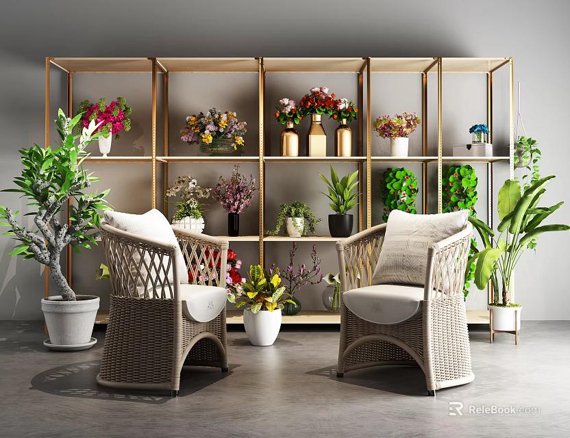 Indoor Garden Nook With Golden Shelf Potted Plants And Wicker Chairs 3d model 