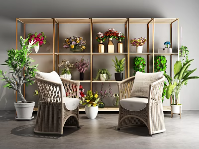 Indoor Garden Nook With Golden Shelf Potted Plants And Wicker Chairs 3d model