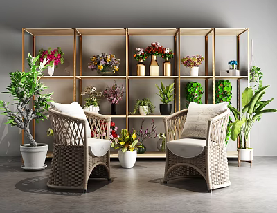 Indoor Garden Nook With Golden Shelf Potted Plants And Wicker Chairs 3d model