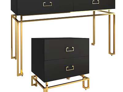 Modern Black Nightstand With Gold Metal Legs And Elegant Drawer Design 3d model