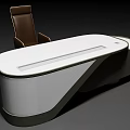 Modern Office Desk With Curved White Top Dark Base And Brown Leather Chair