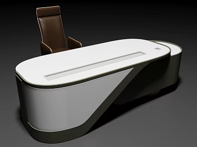 Modern Office Desk With Curved White Top Dark Base And Brown Leather Chair 3d model