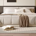 Modern Double Bed With Upholstered Headboard Soft Quilt Pillows And Cozy Blanket On Rug
