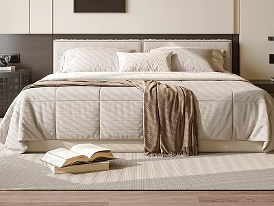 Modern Double Bed With Upholstered Headboard Soft Quilt Pillows And Cozy Blanket On Rug 3d model