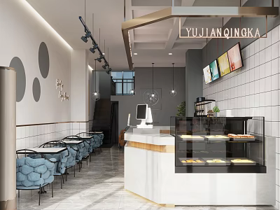 Milk Tea Shop Interior With White Tile Walls Blue Chairs Counter And Display Case 3d model
