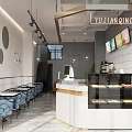 Milk Tea Shop Interior With White Tile Walls Blue Chairs Counter And Display Case