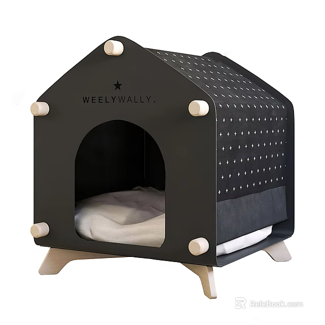 WEELY WALLY Black Dog Bed With Wooden Structure Perforated Design Star Accent And Cushion 3d model 